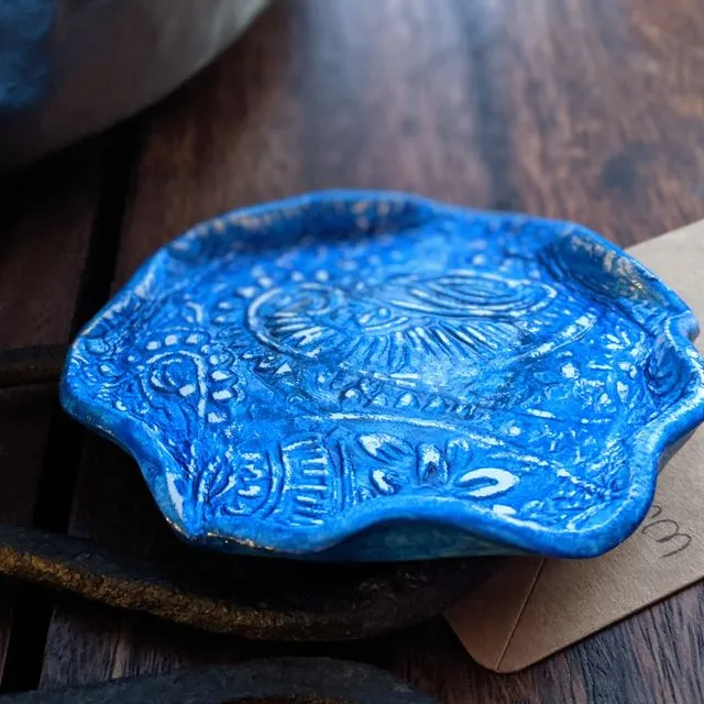 Blue textured ring dish, mandala inspired distressed trinket tray