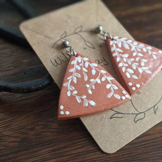 Terracotta clay earrings with hand painted white flowers, triangle statement floral earrings