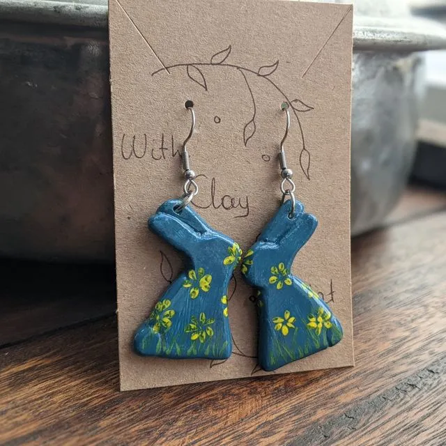 Easter bunny earrings, blue bunny earrings with yellow flowers