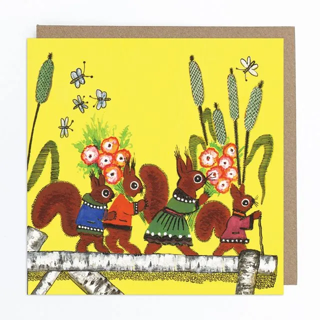 Red Squirrels with Flowers on Yellow Greeting Card