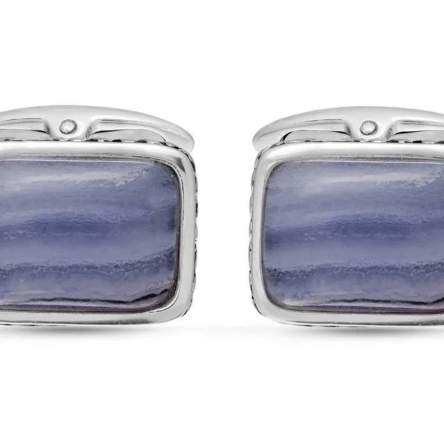 Blue Lace Agate Stone Cufflinks In Black Rhodium Plated Sterling Silver
