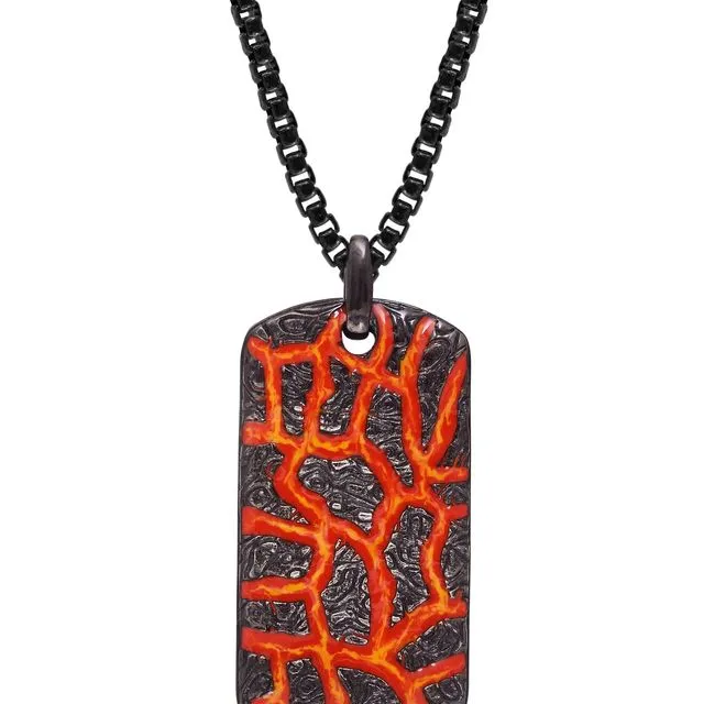 Rivers Of Fire Black Rhodium Plated Sterling Silver Textured Red Orange Enamel Tag