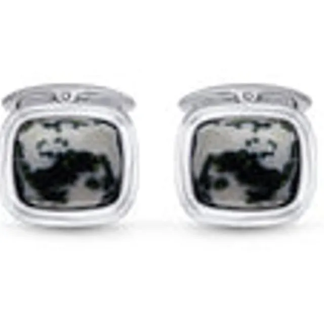 Tree Agate Stone Cufflinks In Black Rhodium Plated Sterling Silver