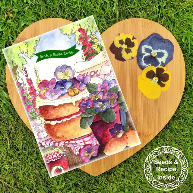 Greeting card with a gift of seeds - Strawberry and Pansy cake