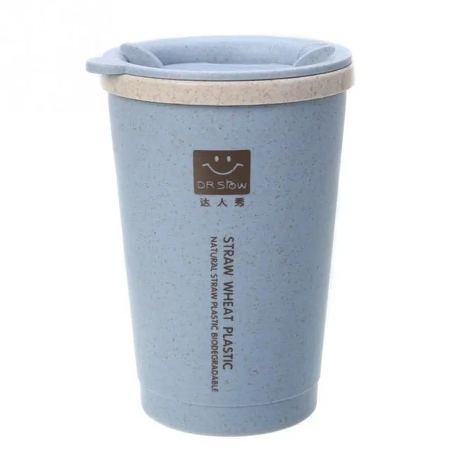 Double-wall Insulation Wheat Fiber Straw Coffee Cup Travel Mug Leakproof Portable With Lid Eco-friendly Coffee Winter Thermo Cup - Blue