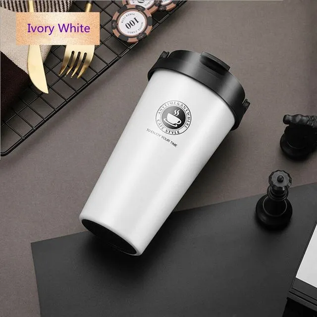 500ML Stainless Steel Coffee Mug Thermos Flask Office Travel Sport Gifts Vacuum Insulated Flask Tea Cup Wide Mouth Multi Purpose - Ivory White
