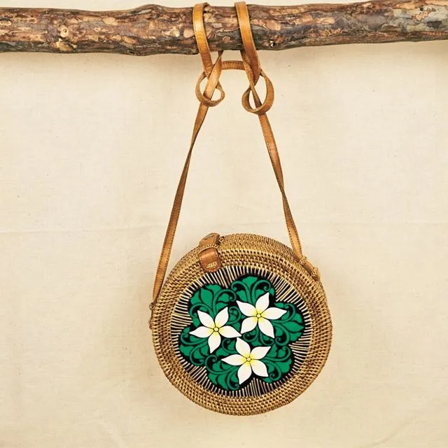 Classic Round Handmade Rattan Hand Printed Flower Crossbody Bag.