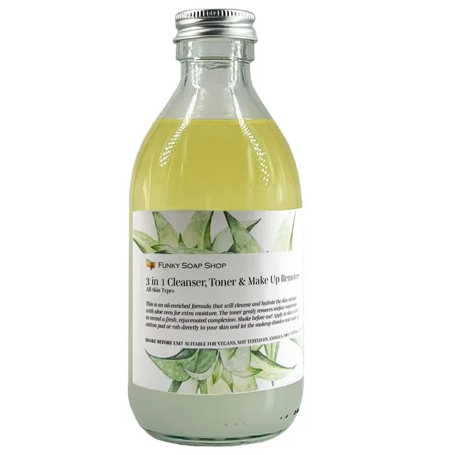 3 in 1 Cleanser, Toner & Make Up Remover infused with Aloe Vera, Glass bottle of 250ml