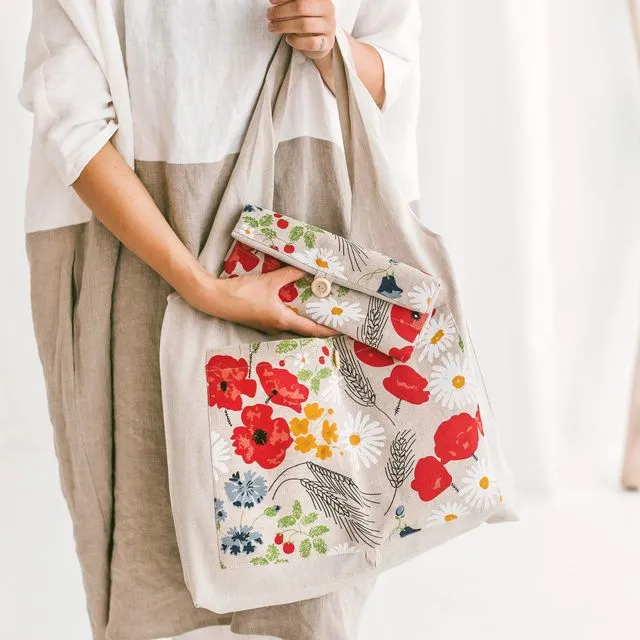 Foldable Linen Tote with Wild Flowers • Handmade Shopping Bag • Eco friendly Reusable Bag • Deep Front Pocket Floral Bag