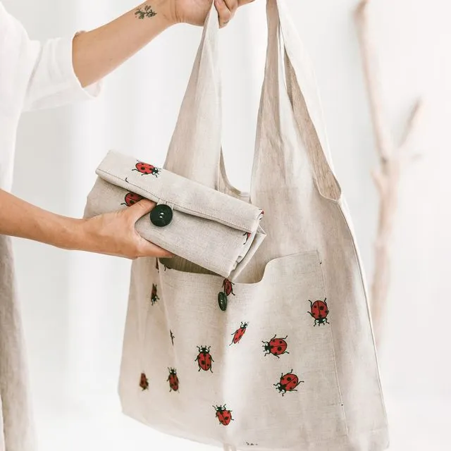 Linen Reusable Shopping Bag • FoldableTote with Ladybugs