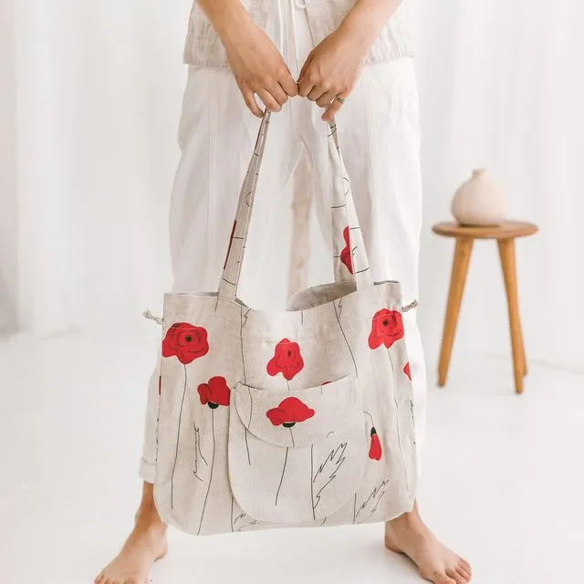 Linen Drawstring Bucket Bag with Red Poppies