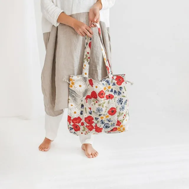 Linen Drawstring Bucket Bag with Wild Flowers