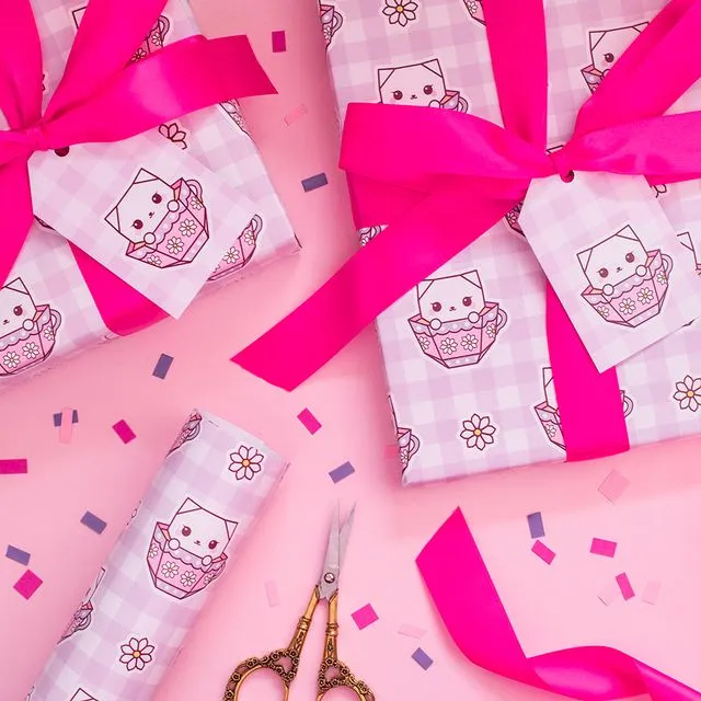 Origami Teacup Cat Gingham Wrapping Paper