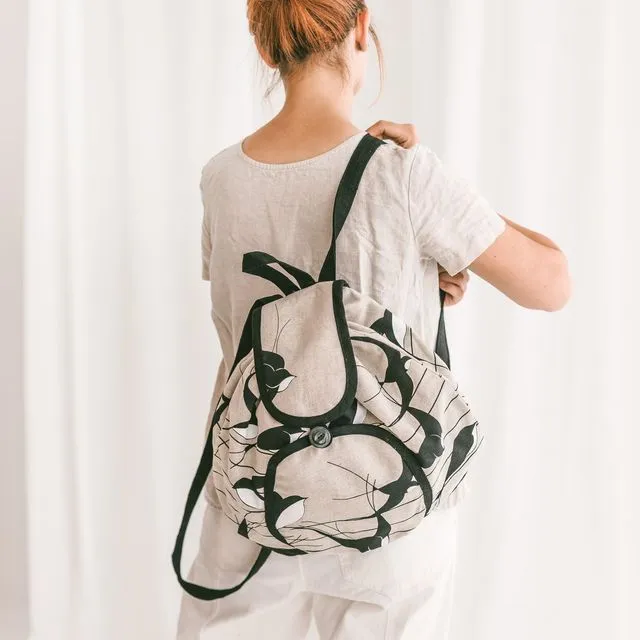 Linen Backpack with Swallows • Women’s Girls Boho Rucksack