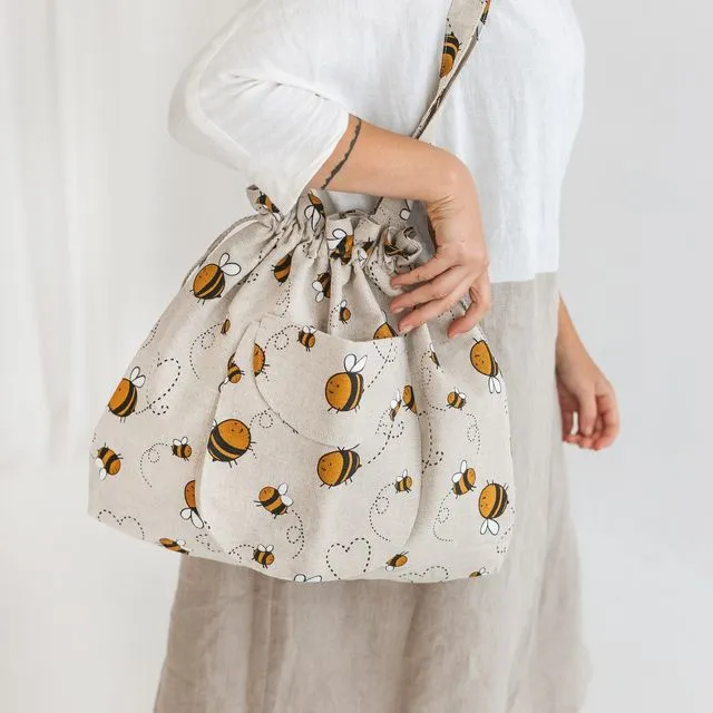 Linen Drawstring Bucket Bag With Bumblebees