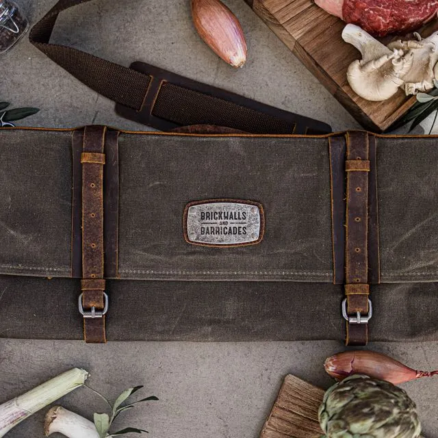 "The Kniferoll XL" Extra Large Waxed Canvas Kniferoll With Leather Detailing - Khaky