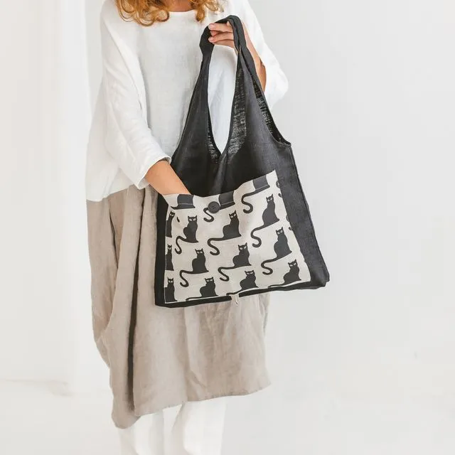 Linen Reusable Shopping Bag • Foldable Handmade Tote with Cats
