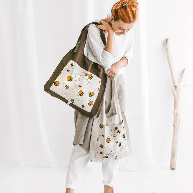 Linen Reusable Shopping Bag • FoldableTote with Bumblebees
