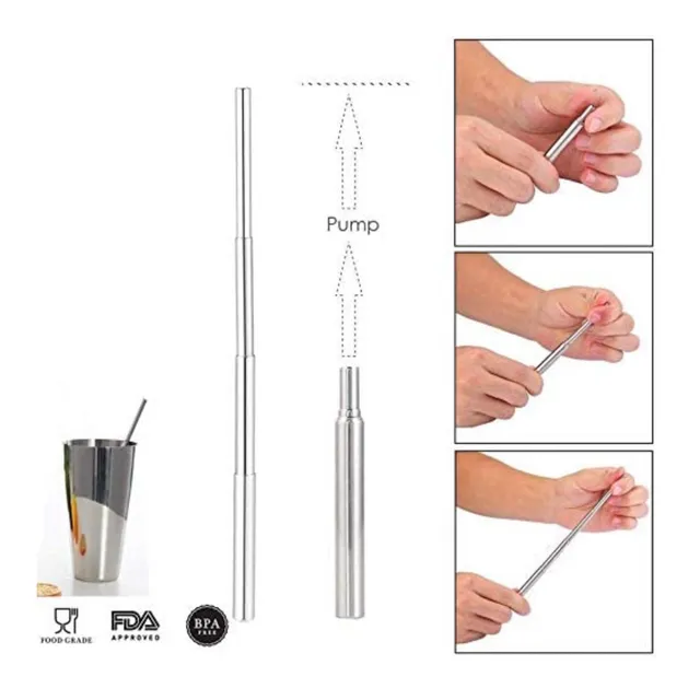 Reusable Straw ,Foldable Straw Collapsible Straw Silver Metal Straw & Carry Case