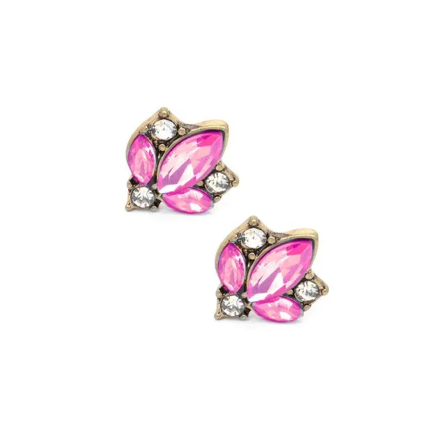Hot Pink Crystal Cluster Earrings in Antique Gold