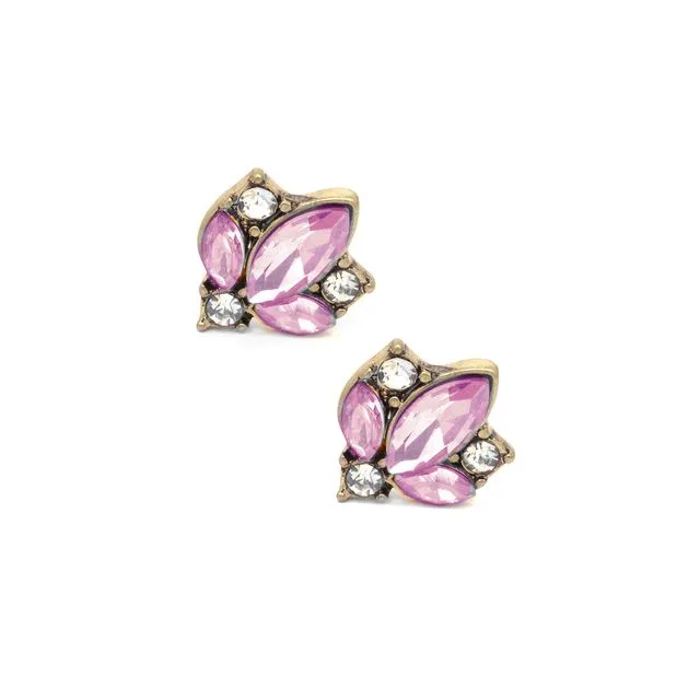 Pale Pink Crystal Cluster Earrings in Antique Gold