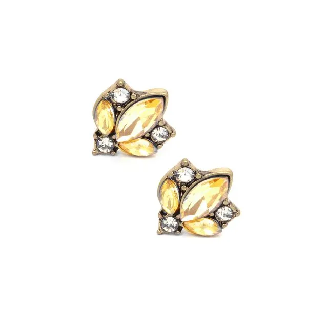 Yellow Crystal Cluster Earrings in Antique Gold