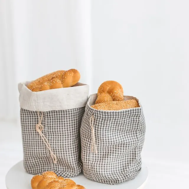 Linen Bread Bag Handmade Reusable Food Storage Small Buffalo Pattern