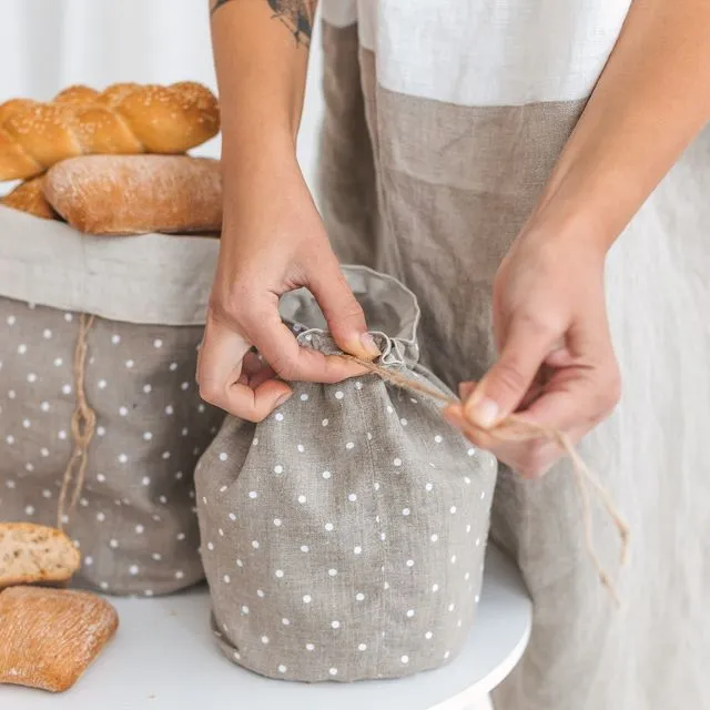 Linen Bread Bag Handmade Reusable Food Storage Grey Polka Dot