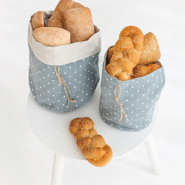 Linen Bread Bag Handmade Reusable Food Storage Blue Polka Dot
