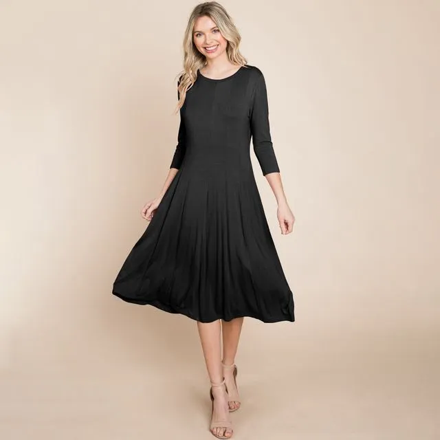 Pleated 3/4 Sleeve A line Flare Midi Jersey Dress, SML(2-2-2)/1Pack