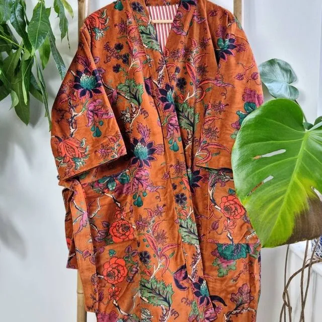 Luxury Velvet House Short Robe Unisex Kimono Boho Jacket Reversible Indian Cotton Lined Winter Valentine Gift Fire Orange Passion Stripe