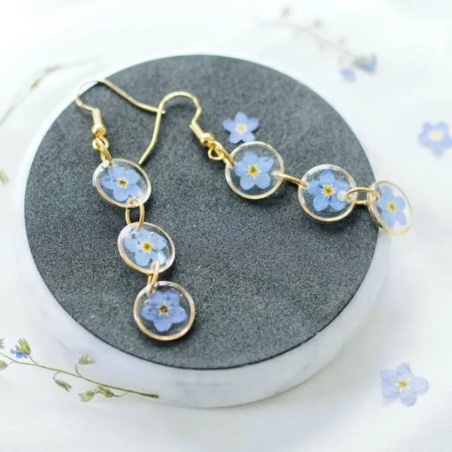 Amalia long round earrings with triple real forget-me-nots