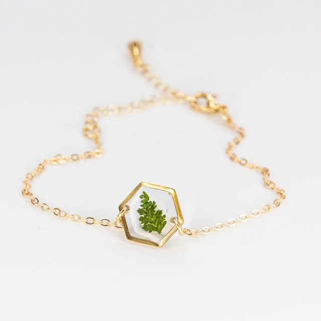 Mia dainty hexagon bracelet with real fern in clear resin