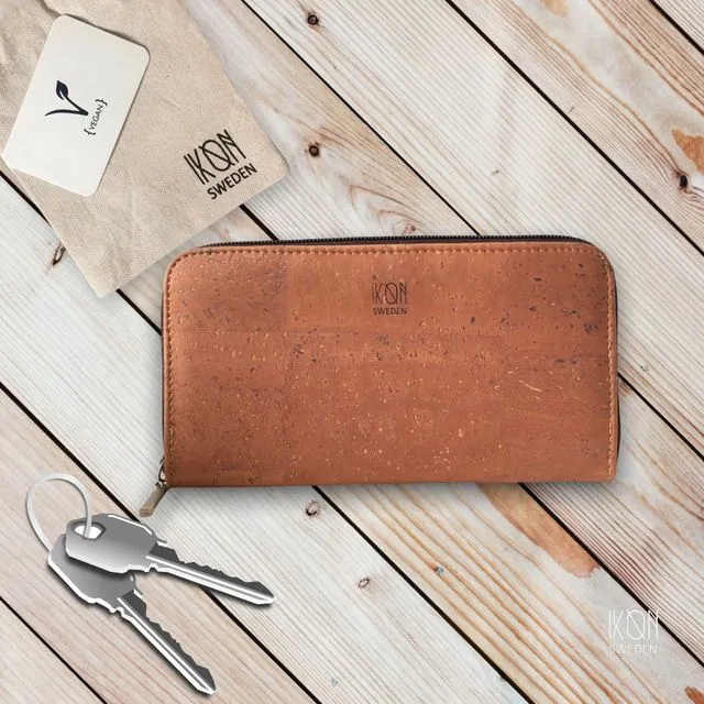 Cork Leather Women Zip Wallet - Rosy Brown