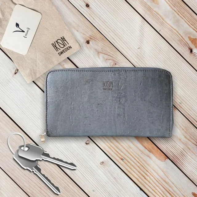 Cork Leather Women Zip Wallet - Metallic Grey