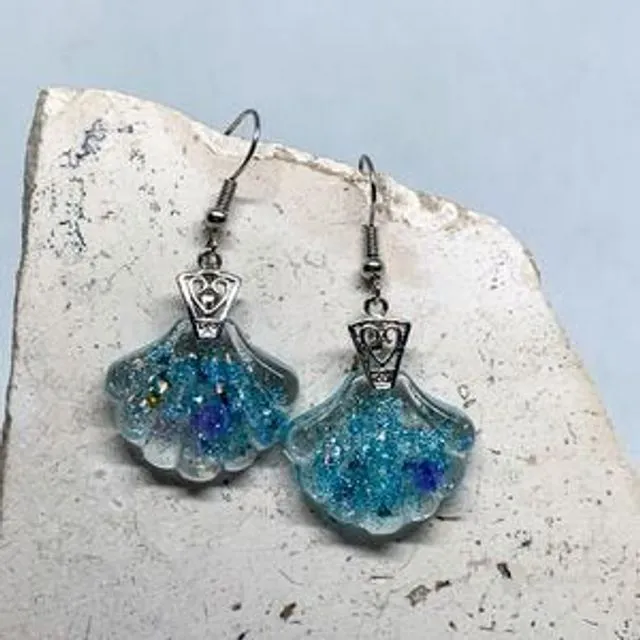 Blue Glitter Seashell Earrings set of 2