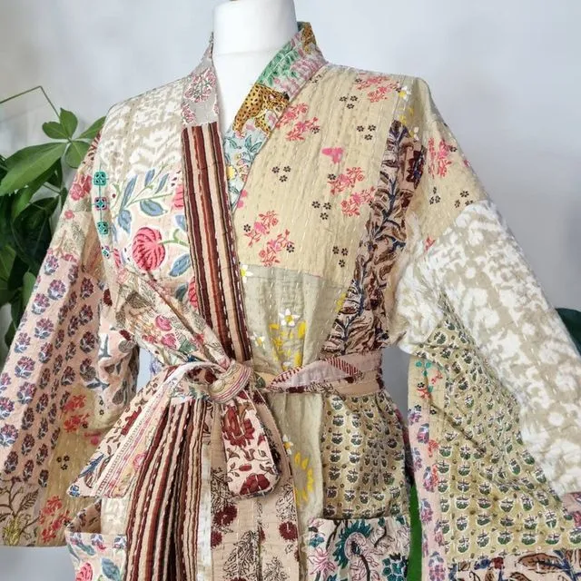 Kantha Cotton Long Reversible Kimono Jacket Unisex Robe Handmade Sustainable Eco-fashion Earthy Cream Beige Handblock Patchwork Valentine