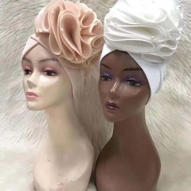 African Women Turban Muslim Turban Bonnet Plain Handmade Auto Gele Nigerian African Head Wraps Fashion Wedding Headwear - White