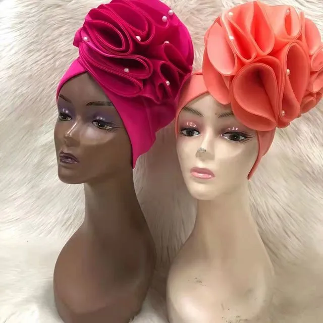 African Women Turban Muslim Turban Bonnet Plain Handmade Auto Gele Nigerian African Head Wraps Fashion Wedding Headwear - Peach