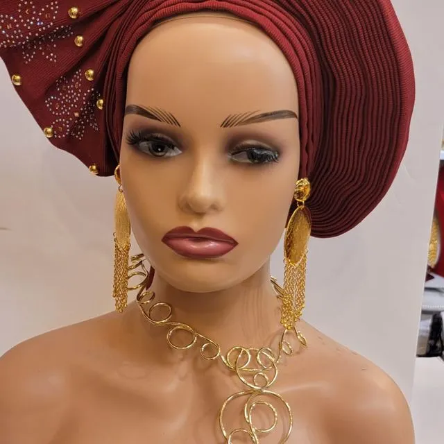 Auto Gele Nigerian African Head Wraps African Women Fashion Wedding Headwear Plain Handmade Muslim Turban Bonnet - Dark Red
