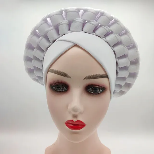 African Women Fashion Wedding Headwear Plain Handmade Auto Gele Nigerian African Head Wraps Muslim Turban Bonnet - White