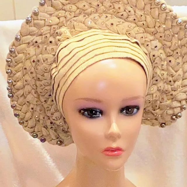 African Auto Gele Head Tie Frenzy Fashion Nigerian HeadWrap Scarf Women Wedding Hair Wear - Gold