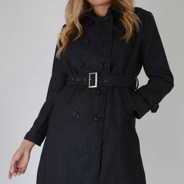 Lovemystyle Woolen Trench Coat In Black With Belt