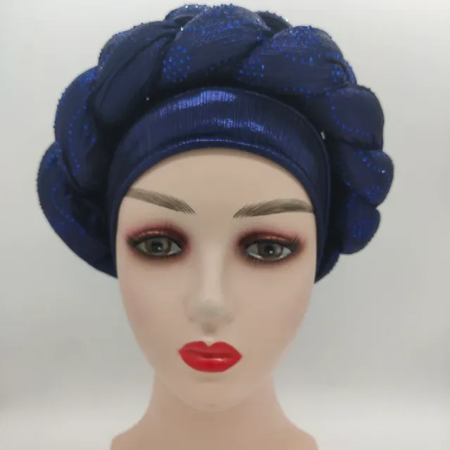 Classic African Auto Gele One Size fits all Two in one pieces beautiful and lightweight - Navy blue