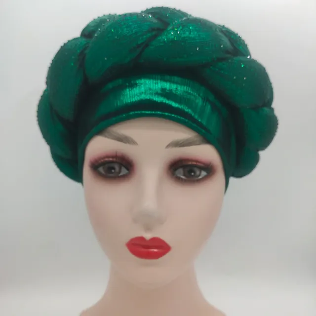 Classic African Auto Gele One Size fits all Two in one pieces beautiful and lightweight - Green