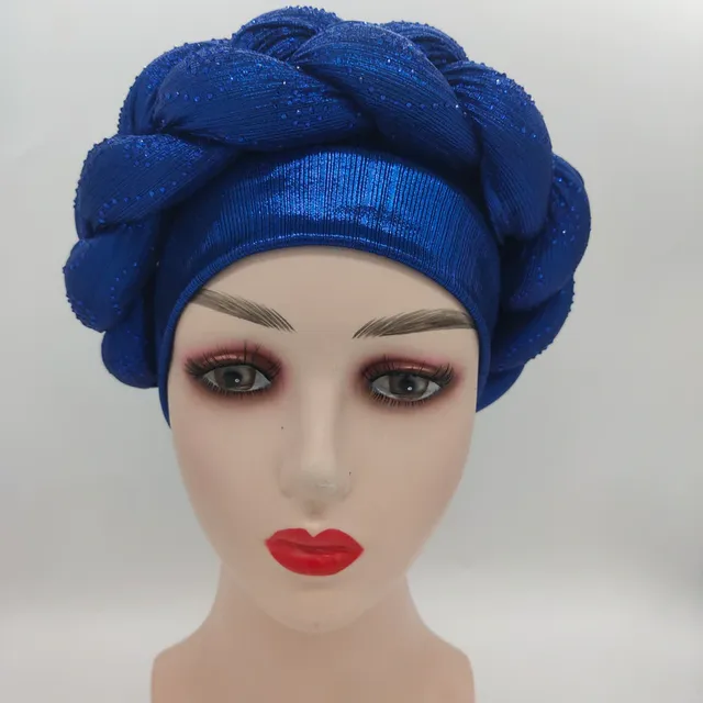 Classic African Auto Gele One Size fits all Two in one pieces beautiful and lightweight - Blue