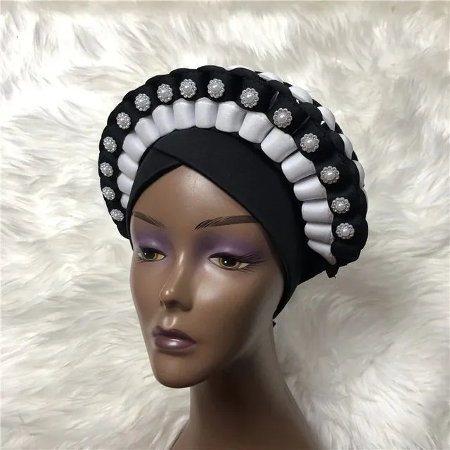 Classic African Auto Gele Styles Women Fashion Wedding Headwear Plain Handmade Auto Gele Nigerian Headwear Turban Head Wraps - Black
