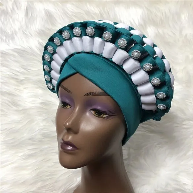 Classic African Auto Gele Styles Women Fashion Wedding Headwear Plain Handmade Auto Gele Nigerian Headwear Turban Head Wraps - Green