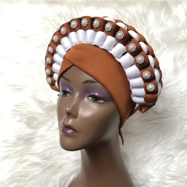 Classic African Auto Gele Styles Women Fashion Wedding Headwear Plain Handmade Auto Gele Nigerian Headwear Turban Head Wraps - Brown