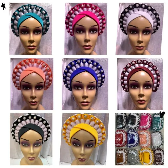 Classic African Auto Gele Styles Women Fashion Wedding Headwear Plain Handmade Auto Gele Nigerian Headwear Turban Head Wraps - Gold